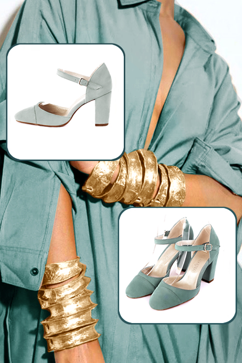 Women's aquamarine blue elegant closed-back heels, with an instep strap. Round toe. High block heels - Worn view